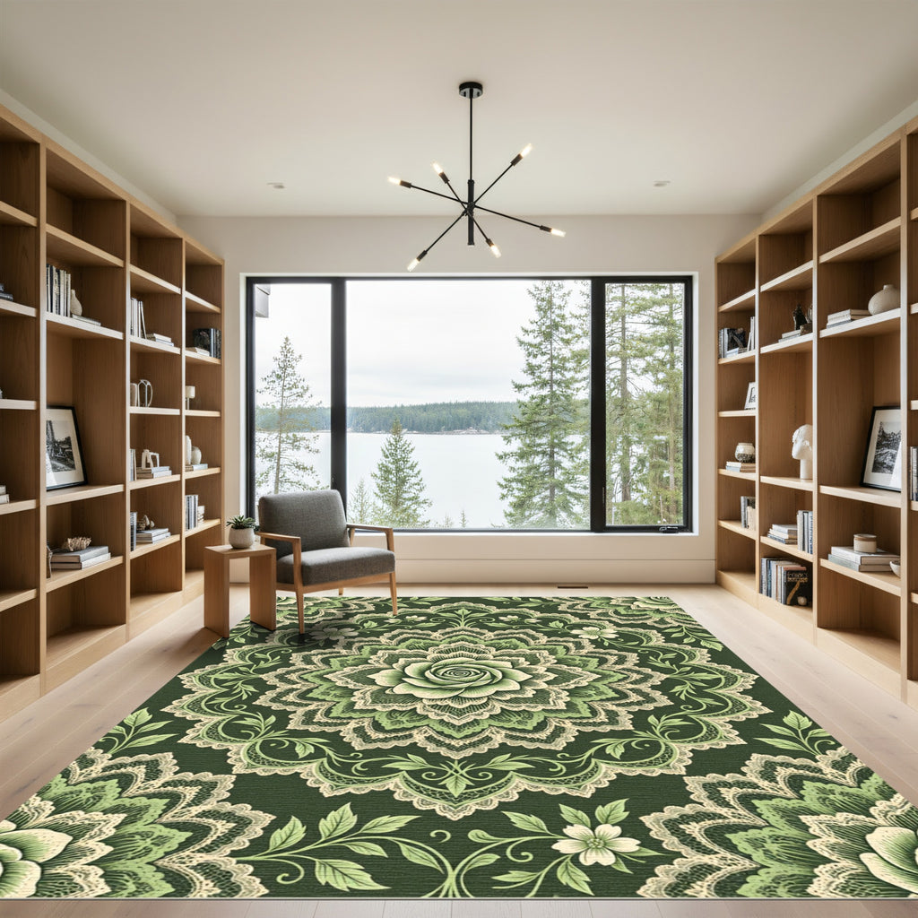 Elegant Sage Rose Lace Medallion Rug