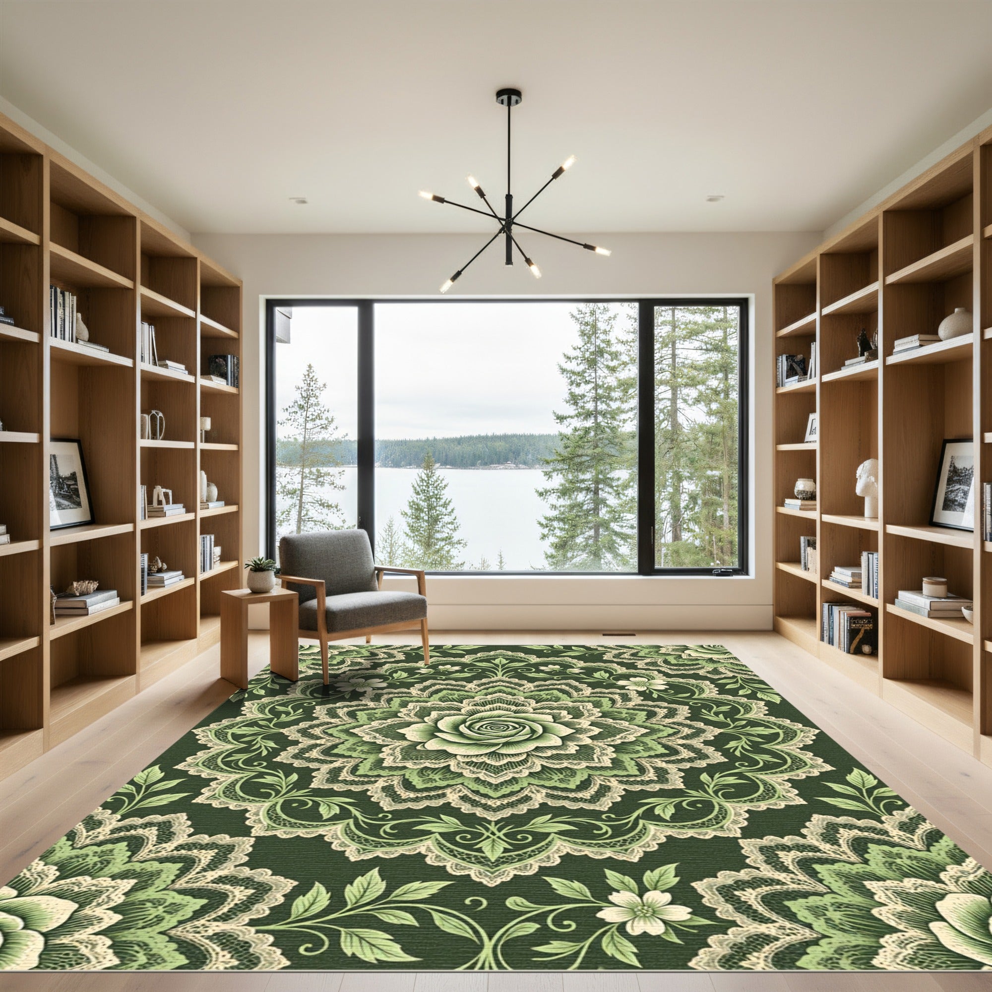 Elegant Sage Rose Lace Medallion Rug
