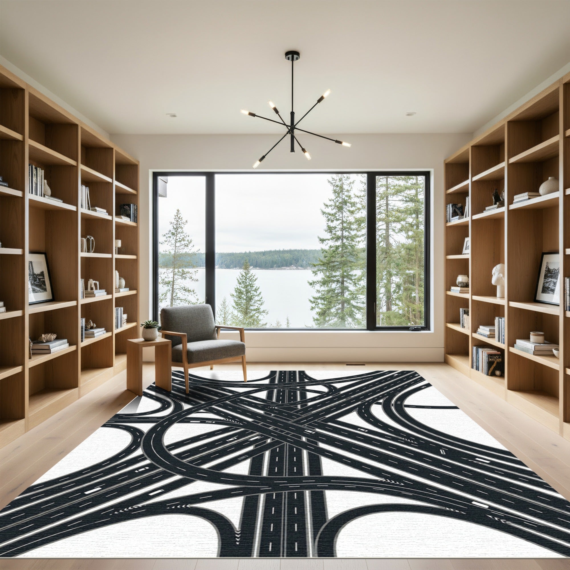 Modern Monochrome Intersecting Highway Junction Rug