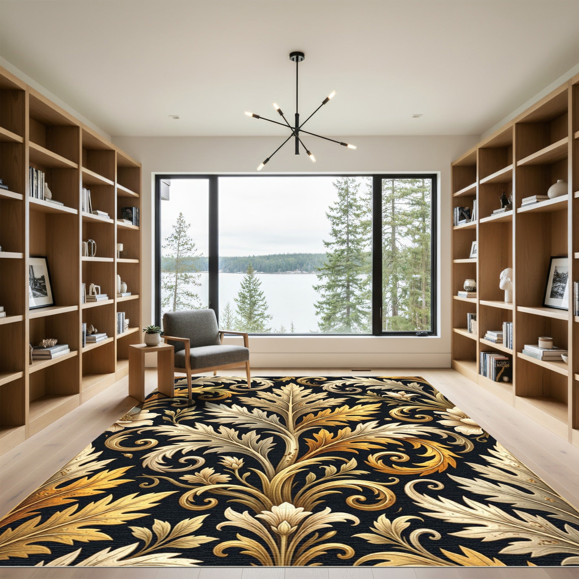 Golden Acanthus Scroll Floral Ornament Rug