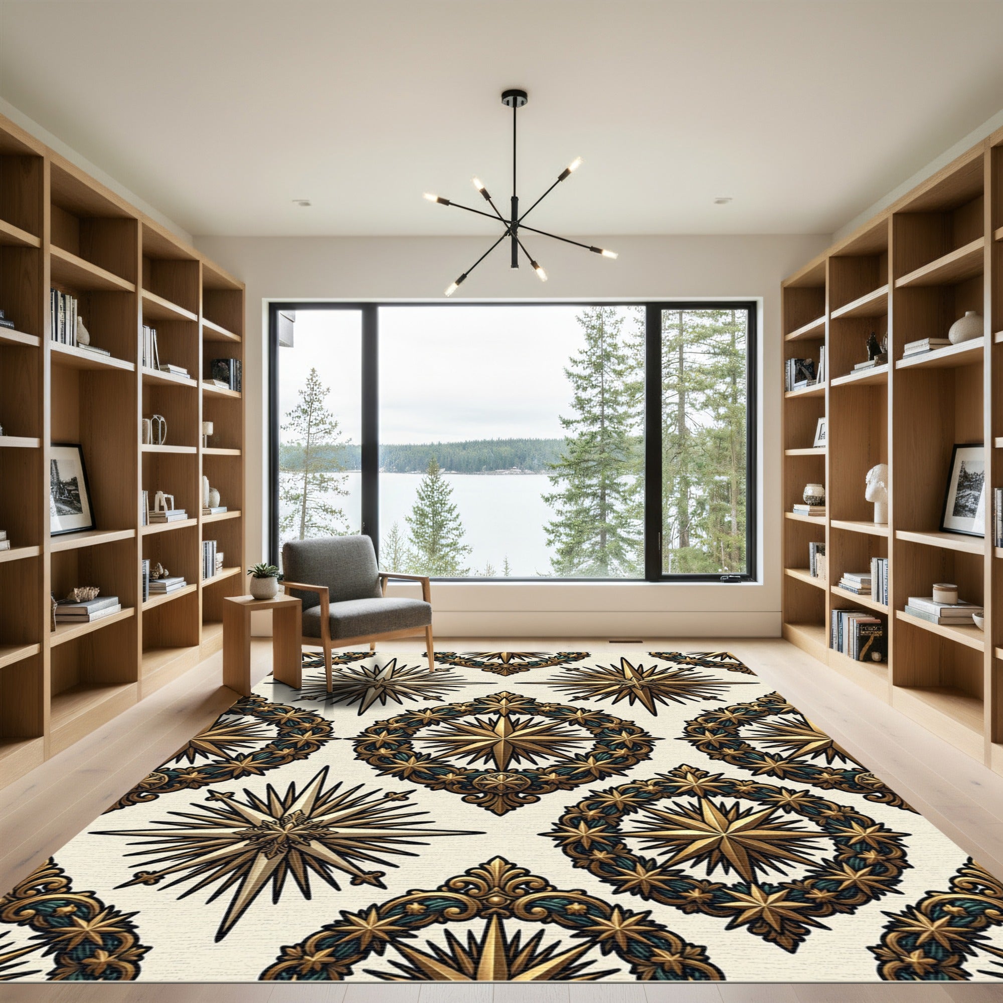 Celestial Gold Star Compass Emblem Rug