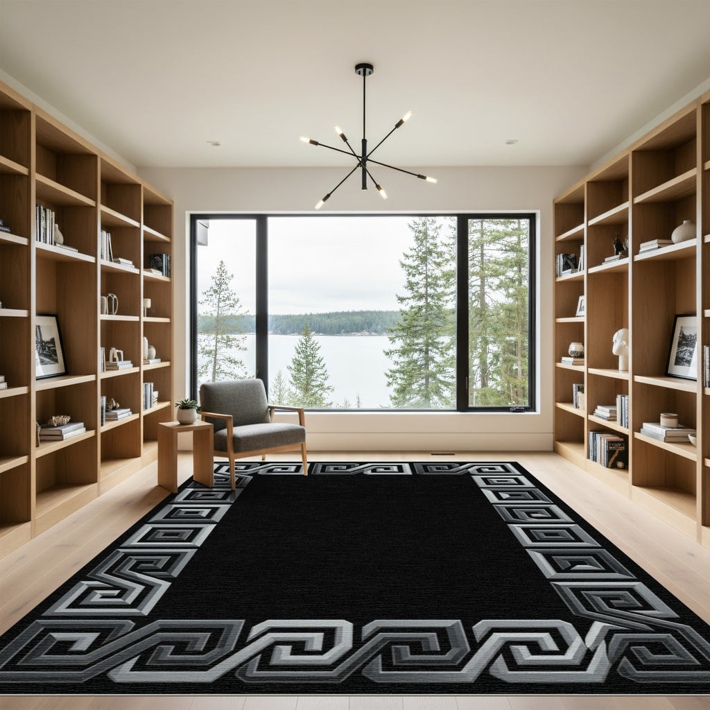 Silver Geometric Maze Border Rug