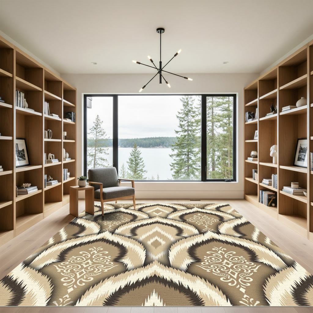 Neutral Earth Tone Ikat Medallion Rug
