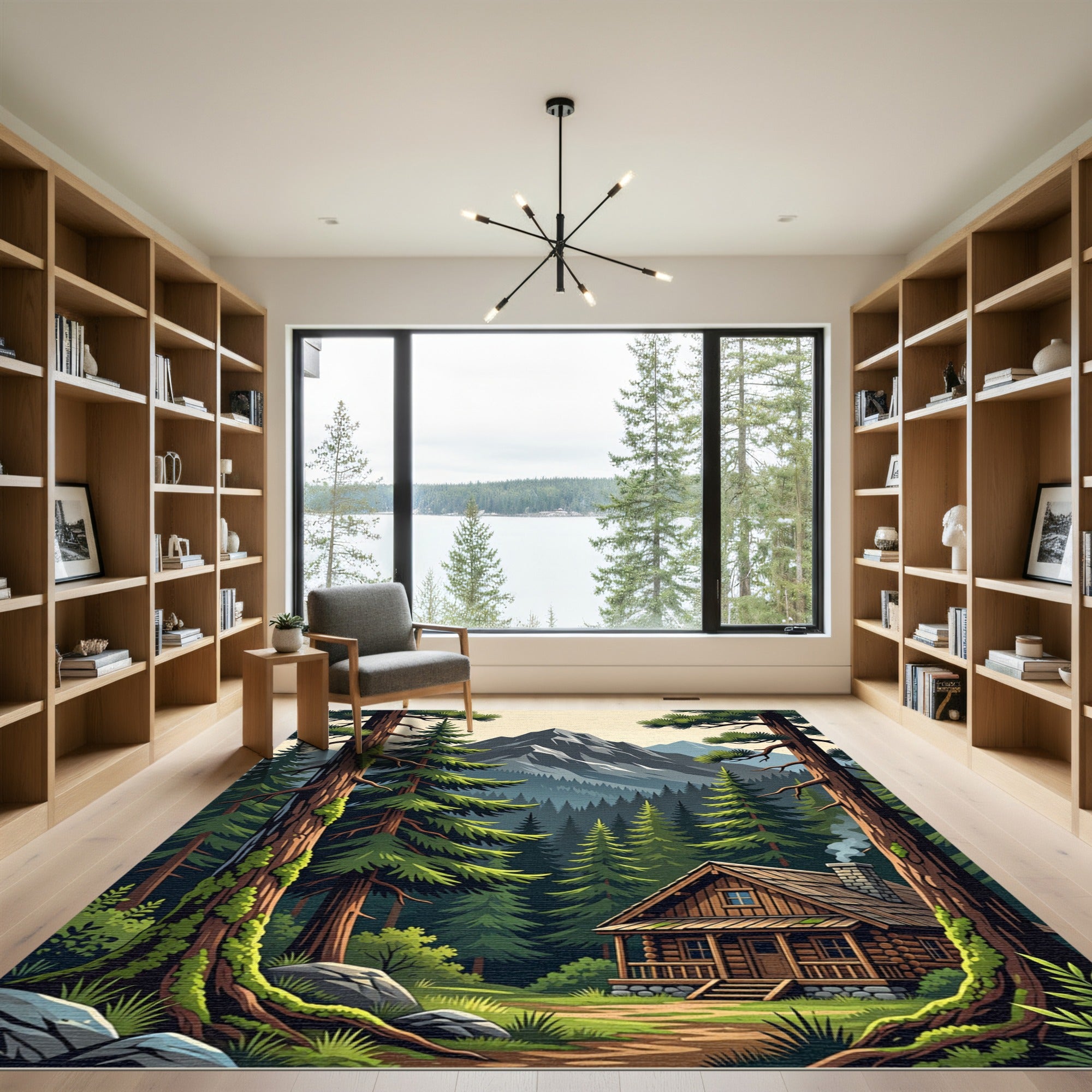 Mist Covered Mountain Forest Cabin Rug