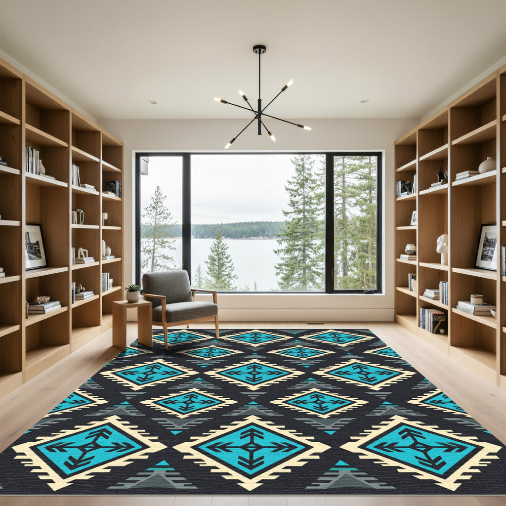 Southwestern Cyan Geometric Diamond Tapestry Rug