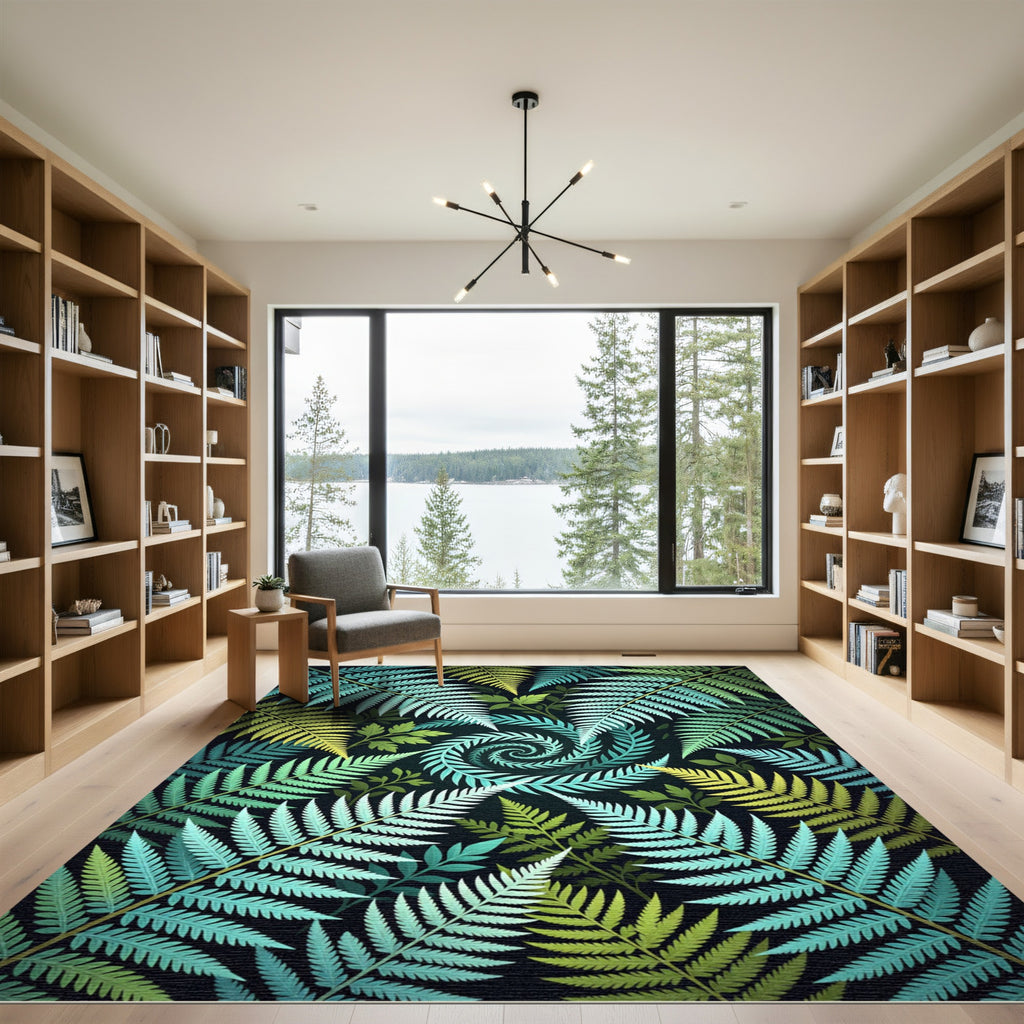 Lush Emerald Tropical Fern Spiral Rug
