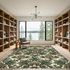 Victorian Cream and Olive Floral Damask Rug