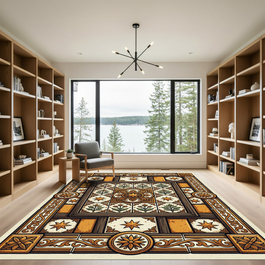 Ornate Golden Floral Medallion Tile Rug