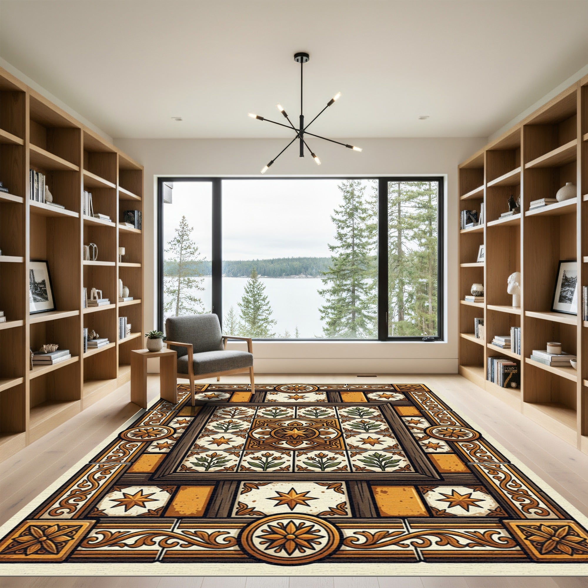 Ornate Golden Floral Medallion Tile Rug