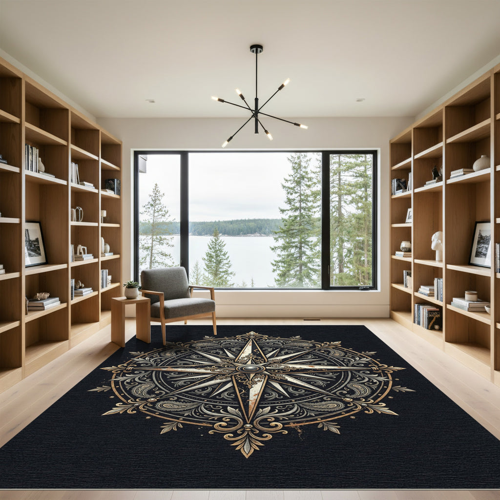 Ornate Gold Compass Medallion Floral Rug