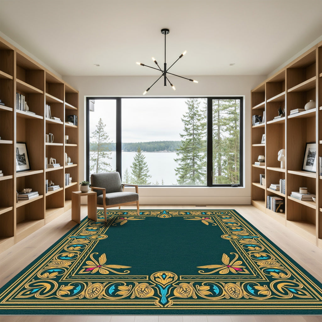 Ornate Teal Gold Floral Border Rug