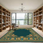 Ornate Teal Gold Floral Border Rug