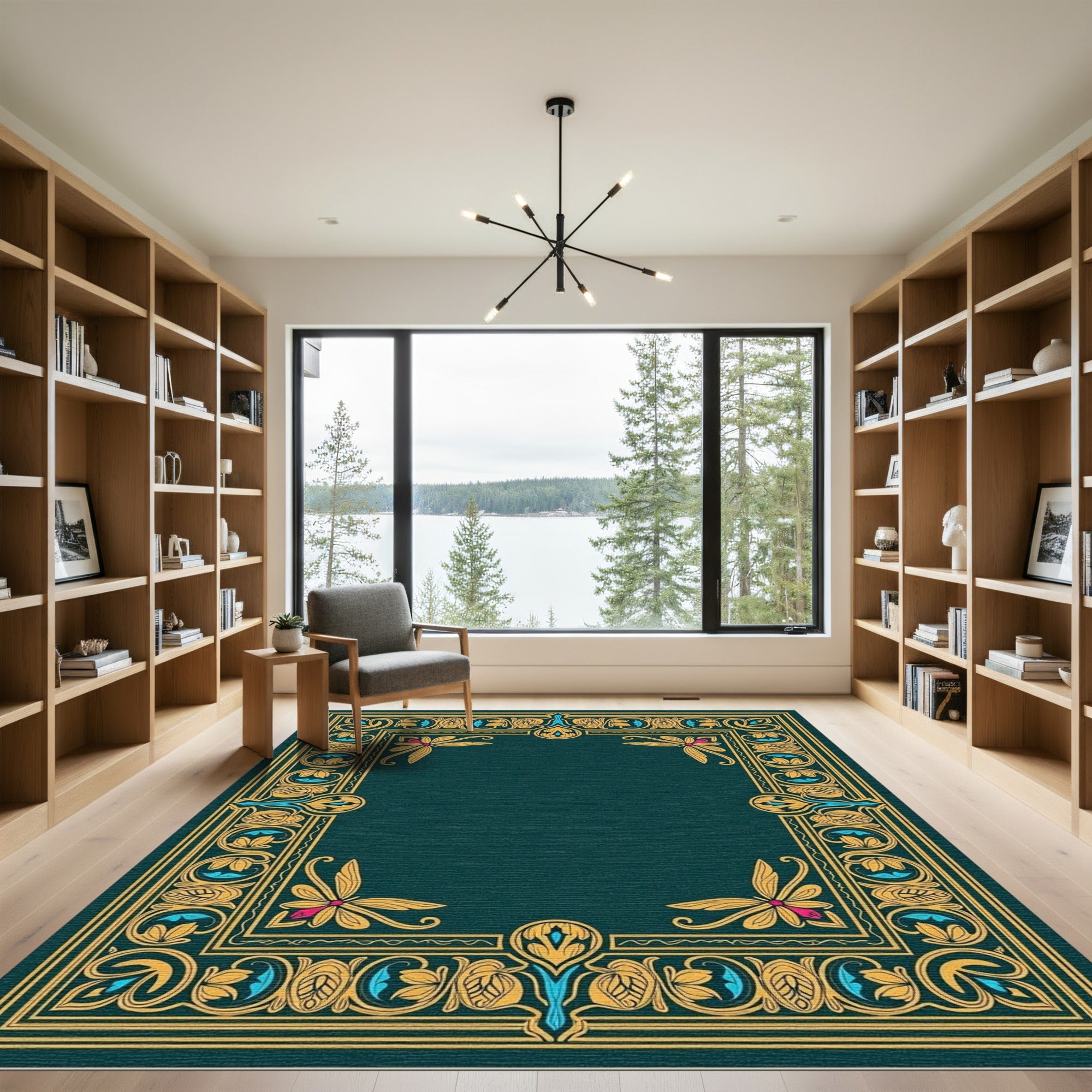 Ornate Teal Gold Floral Border Rug