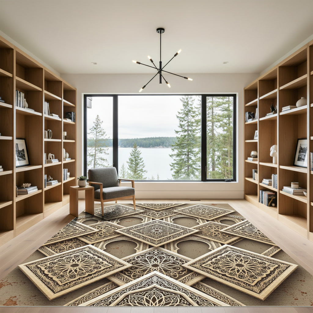 Elegant Taupe Geometric Mandala Tile Rug