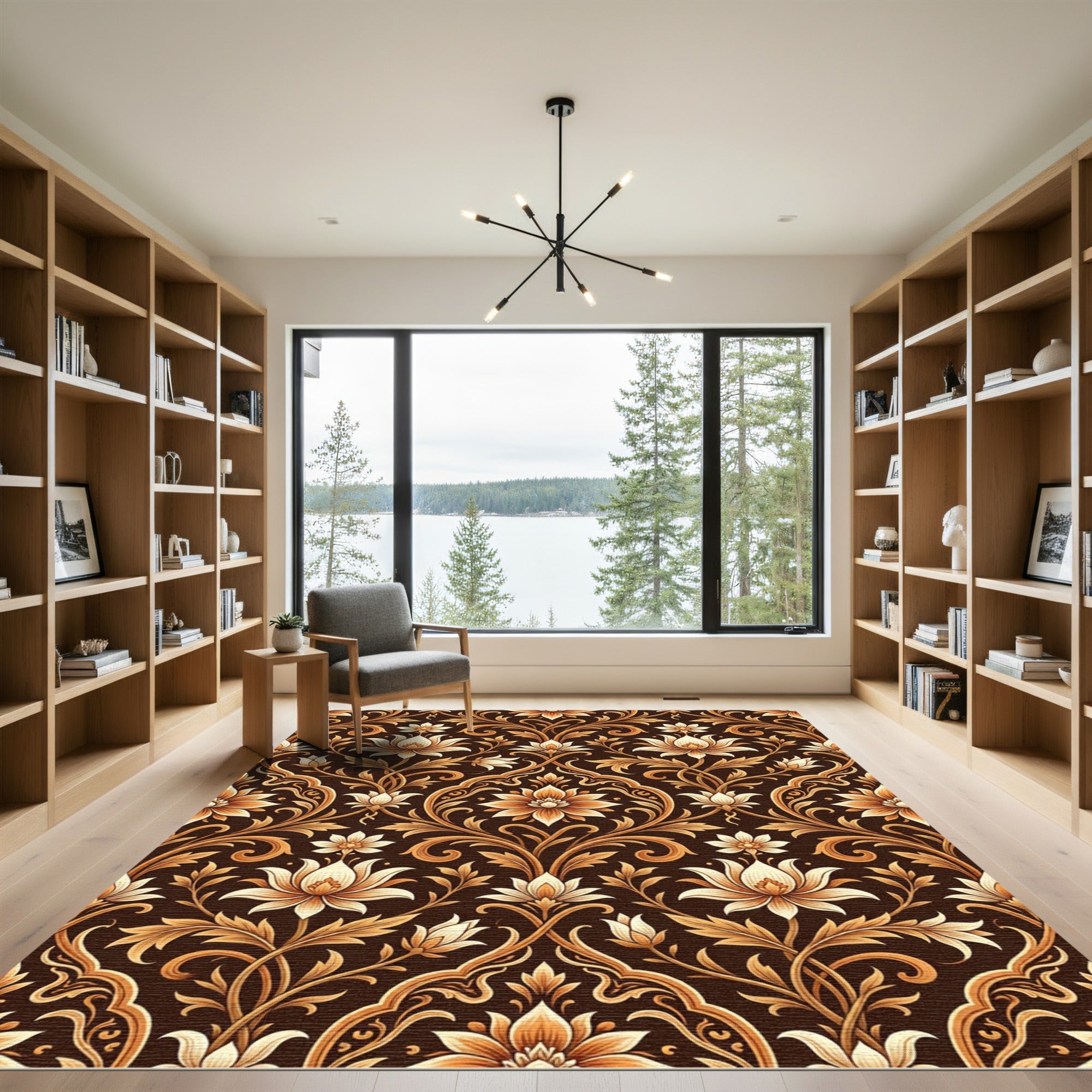 Rich Brown Golden Floral Scroll Rug