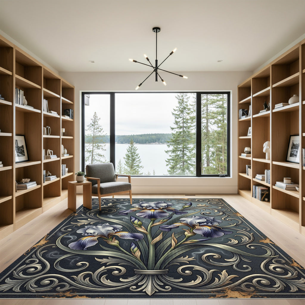 Elegant Lavender Iris Floral Scrollwork Rug