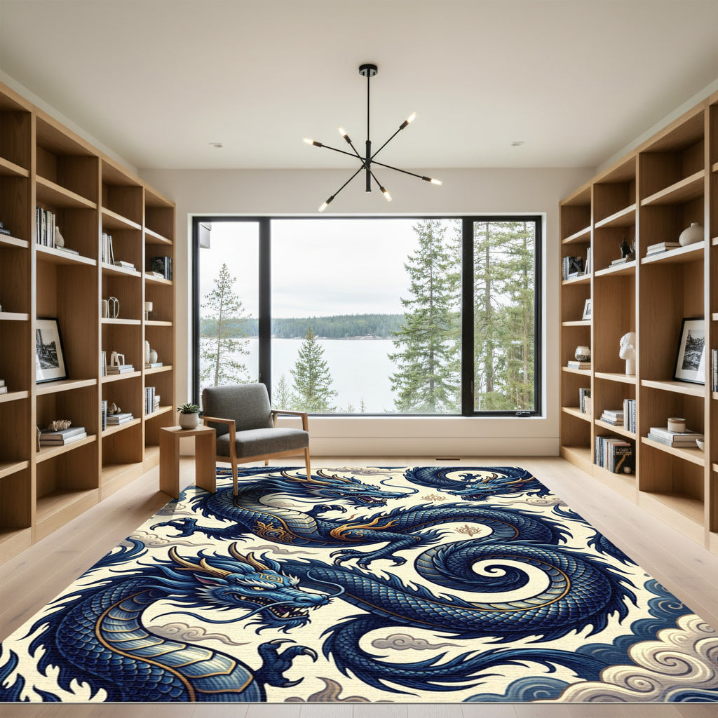 Majestic Azure Dragon Serpent Clouds Rug