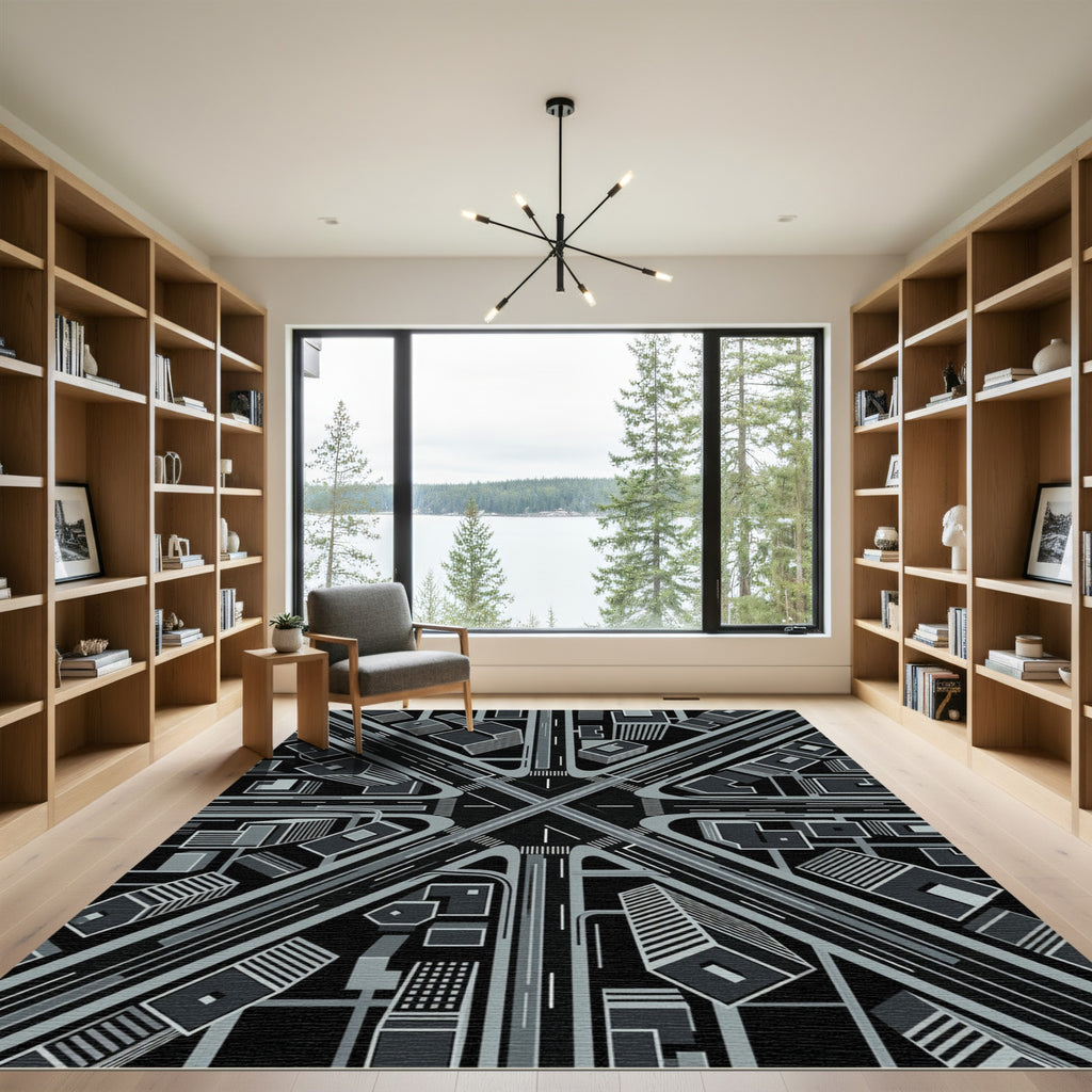 Monochrome Abstract Cityscape Intersection Rug