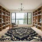 Elegant Gold Rose Black Damask Rug