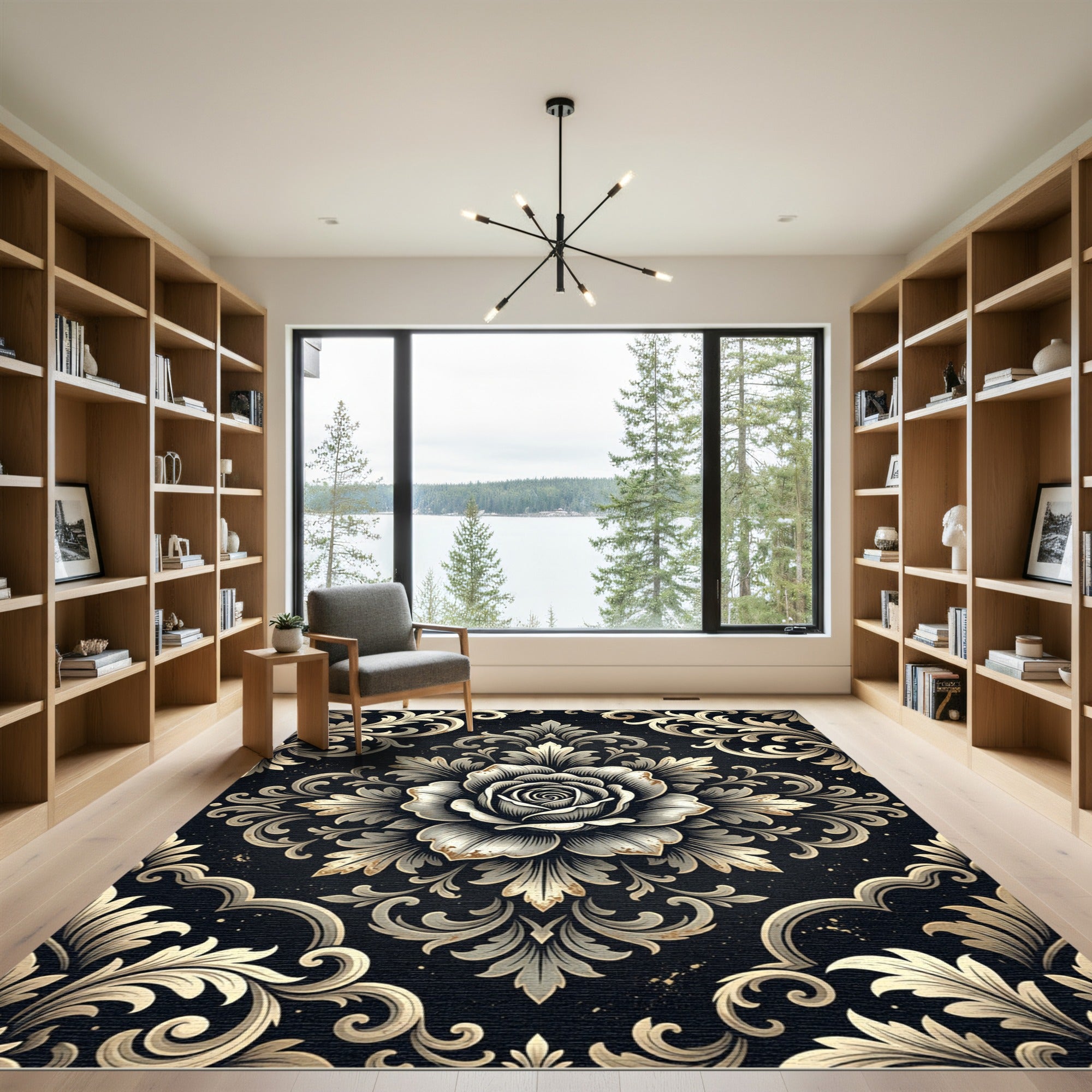 Elegant Gold Rose Black Damask Rug
