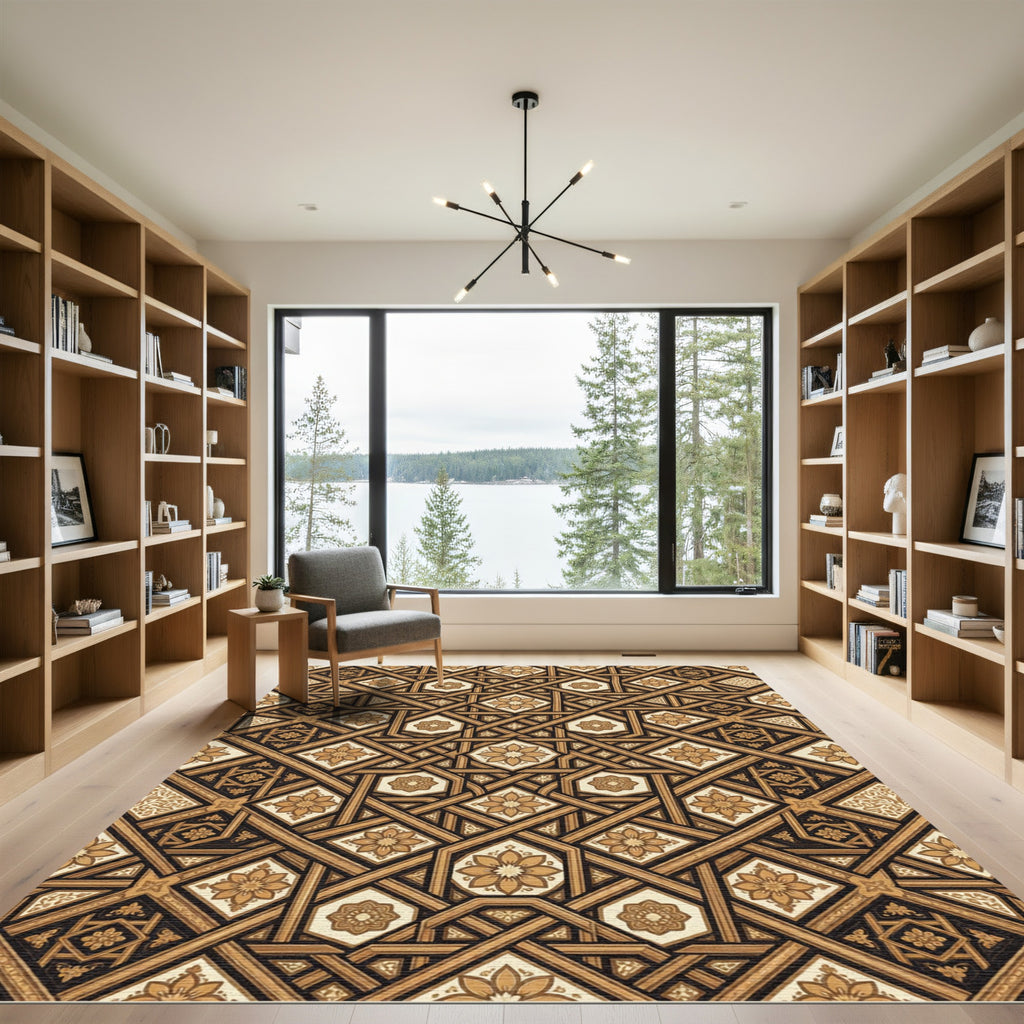Timeless Golden Geometric Floral Tapestry Rug