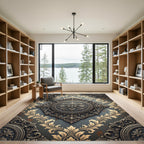 Ornate Damask Charcoal and Gold Medallion Rug