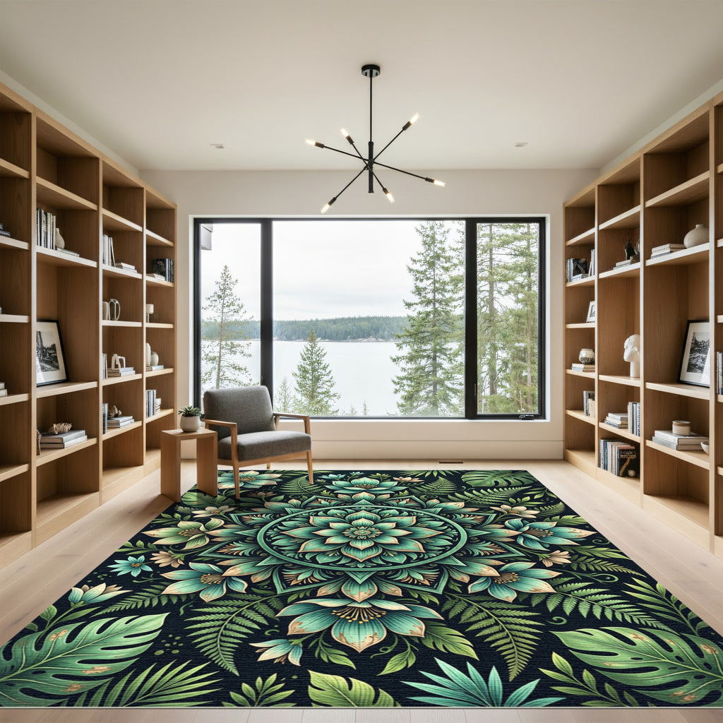 Teal Botanical Lotus Mandala Flora Rug