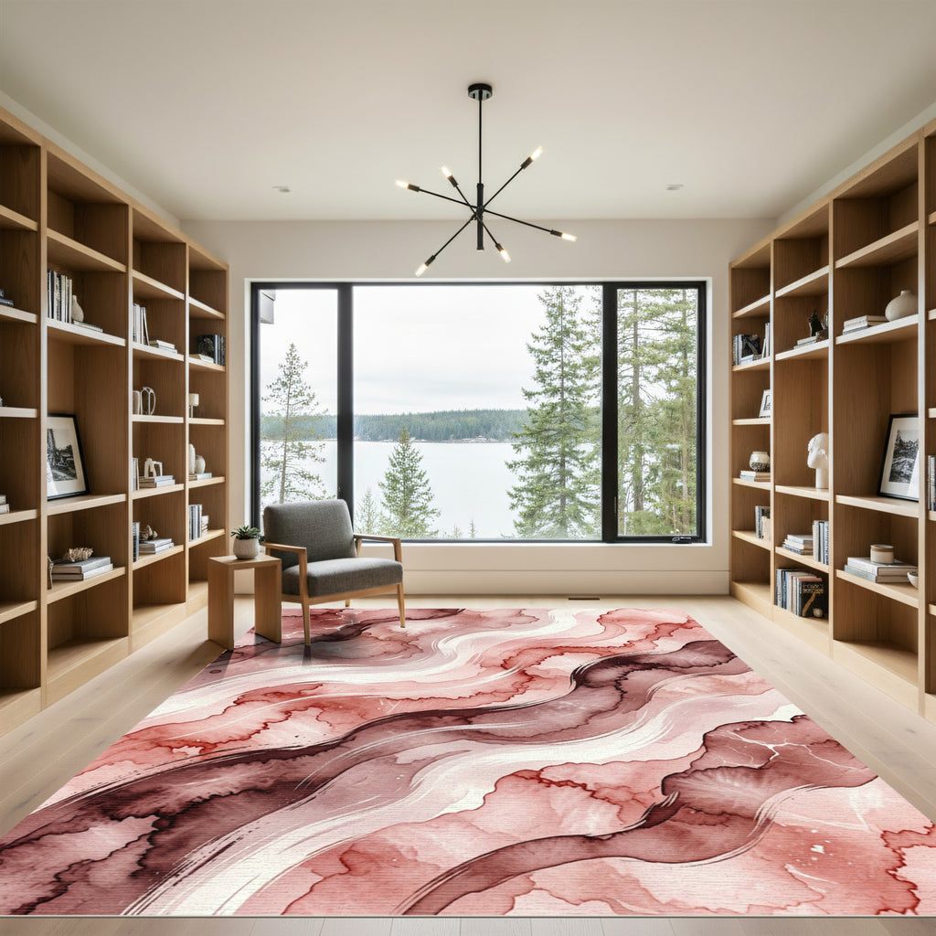 Abstract Blush And Burgundy Flowing Waves Rug