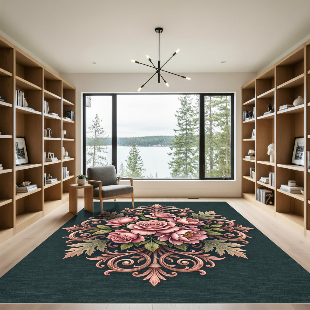 Elegant Blush Rose Baroque Medallion Rug