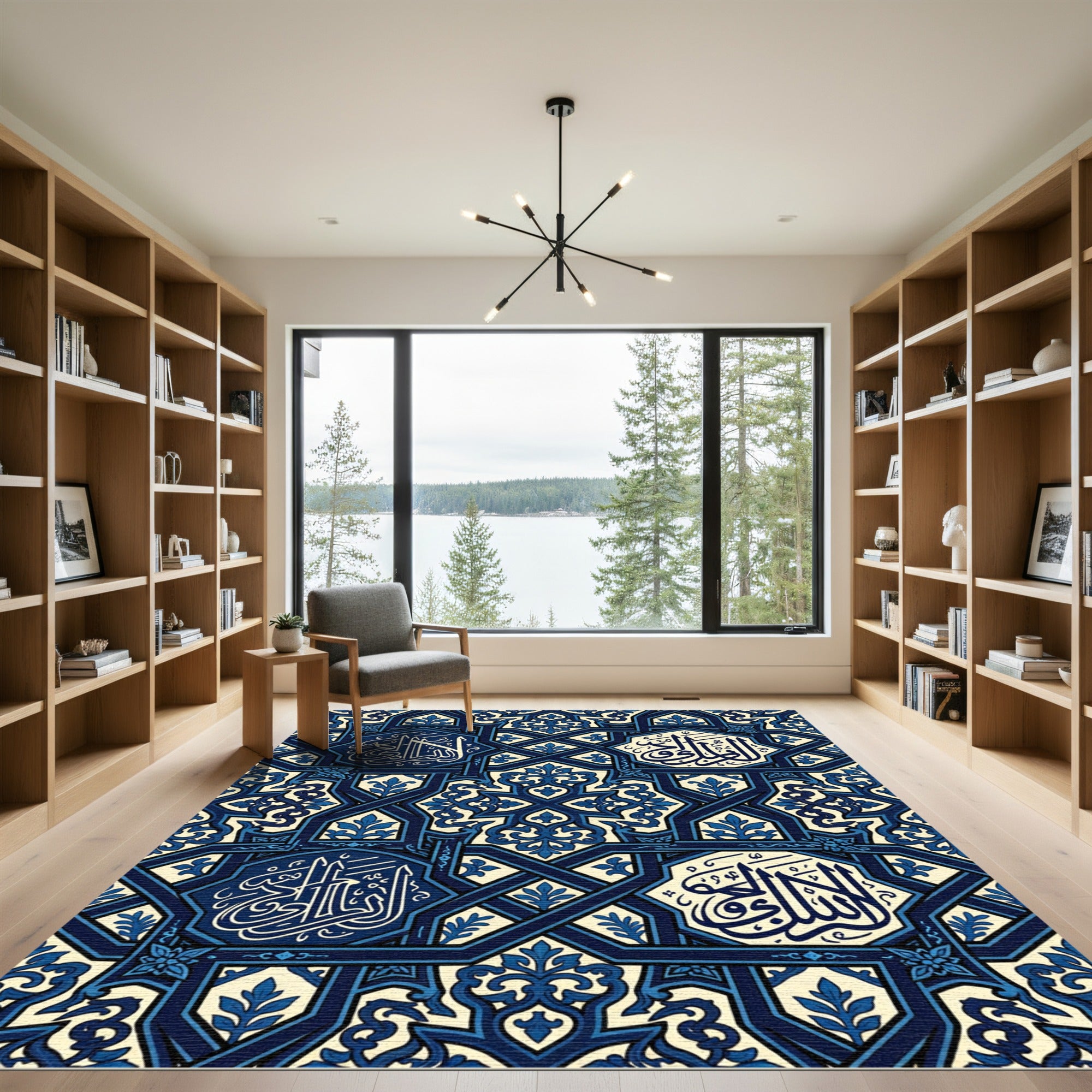 Deep Blue Script Geometric Ornament Rug
