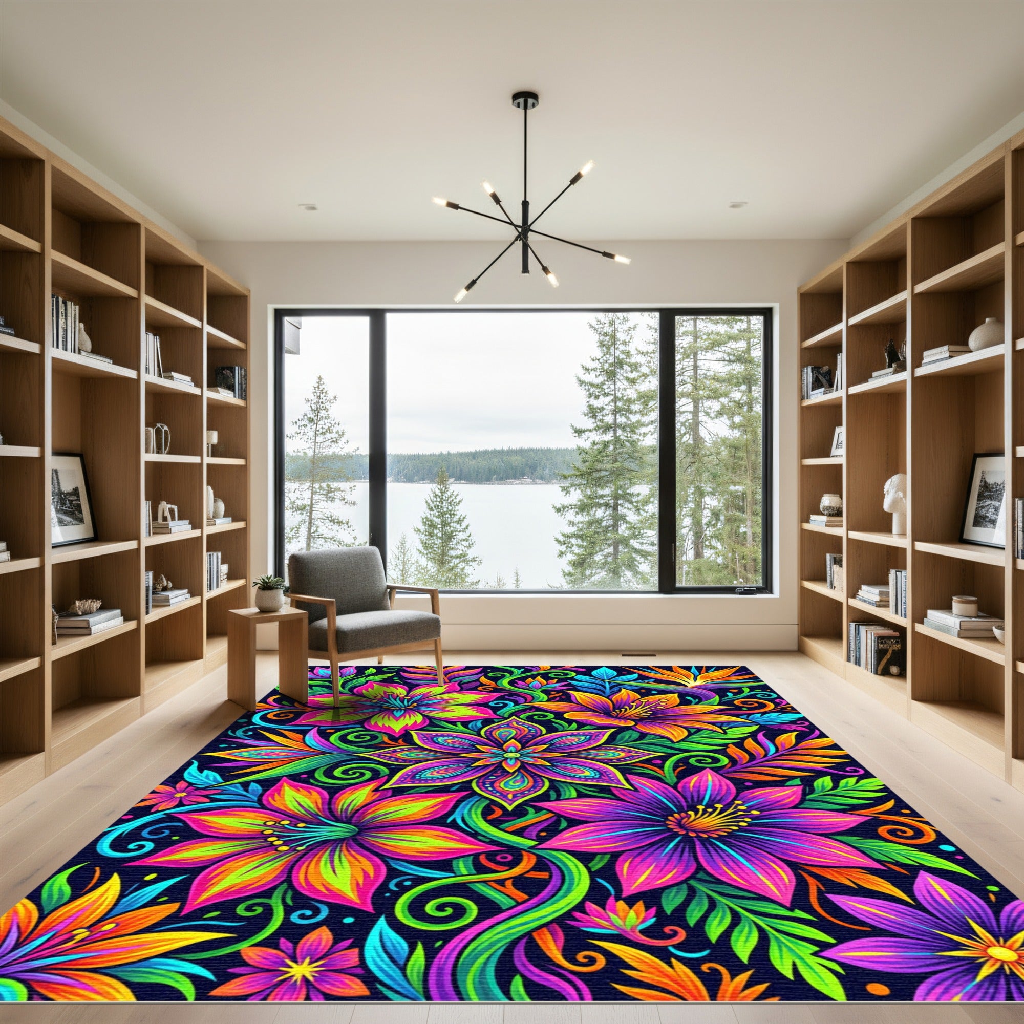 Vibrant Neon Tropical Floral Jungle Art Rug