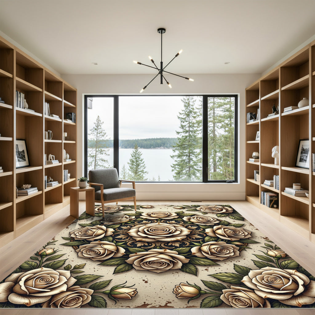 Elegant Cream Rose Floral Medallion Rug