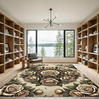 Elegant Cream Rose Floral Medallion Rug