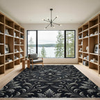 Elegant Charcoal Silver Damask Filigree Rug