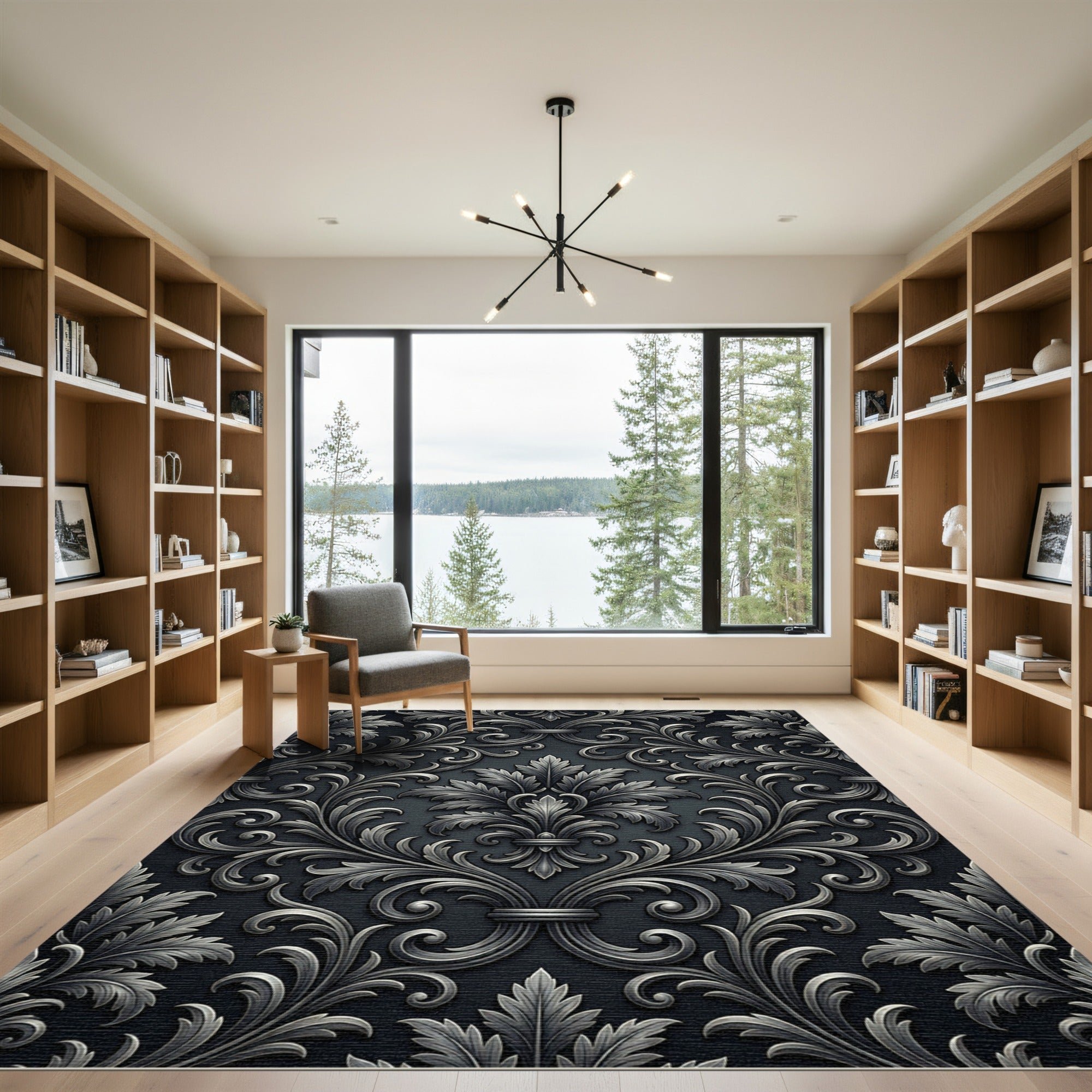 Elegant Charcoal Silver Damask Filigree Rug