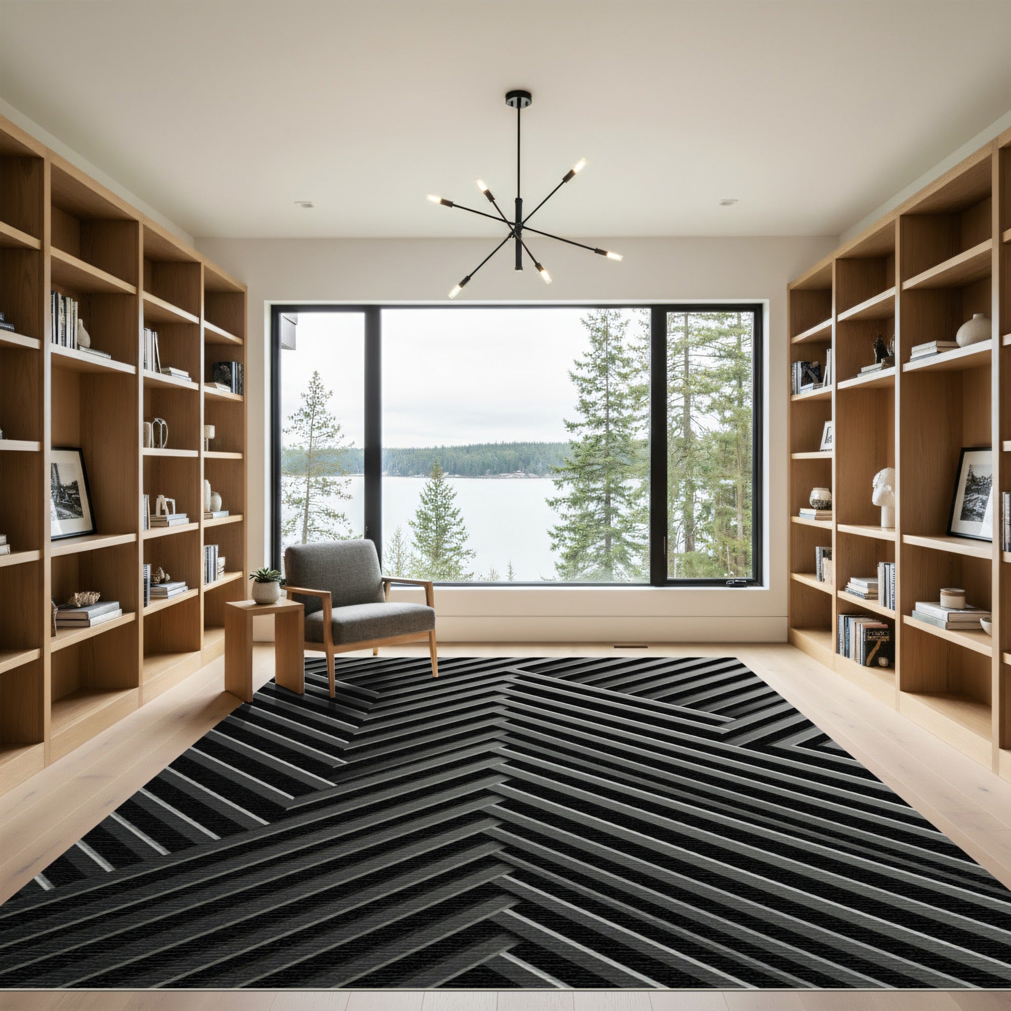 Modern Charcoal Geometric Chevron Linear Rug