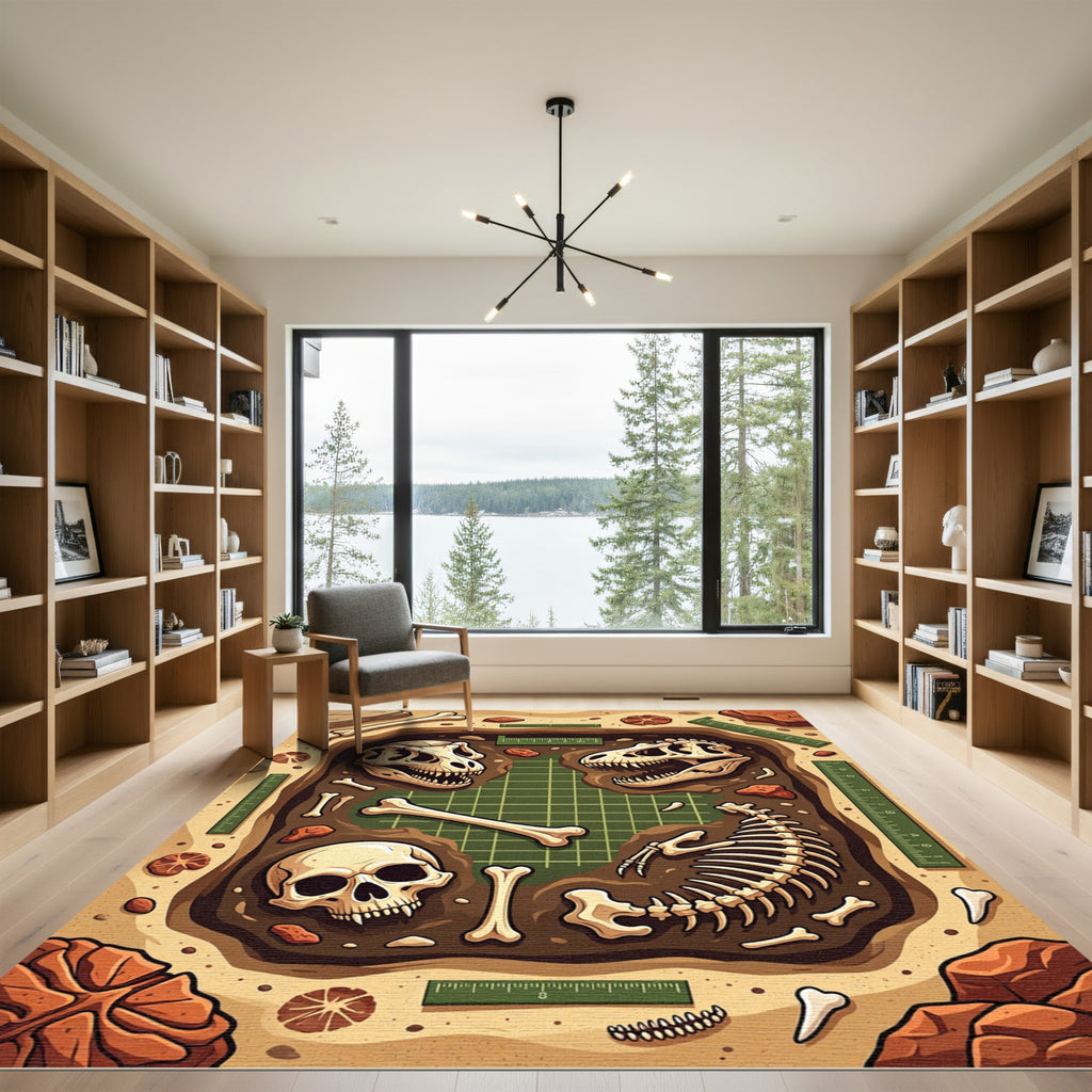 Paleontology Excavation Dinosaur Fossil Grid Earthy Rug