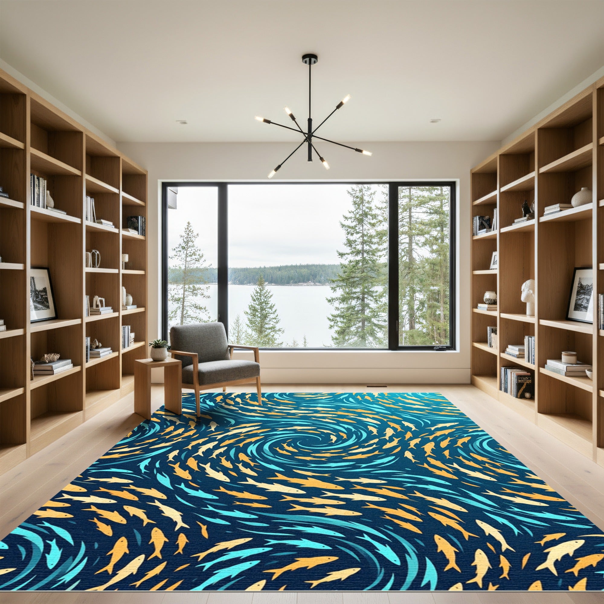 Schooling Fish Swirl Blue Gold Rug