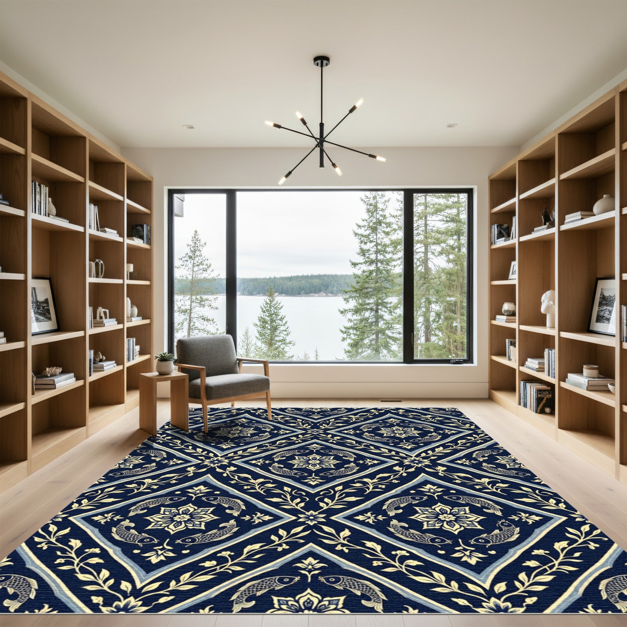 Navy Floral Koi Medallion Tile Rug