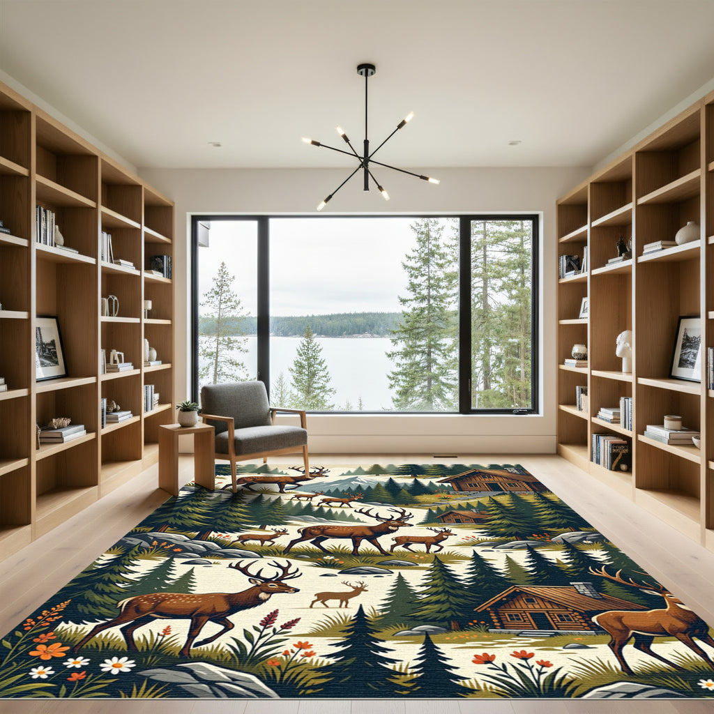 Rustic Woodland Deer Mountain Cabin Landscape Rug