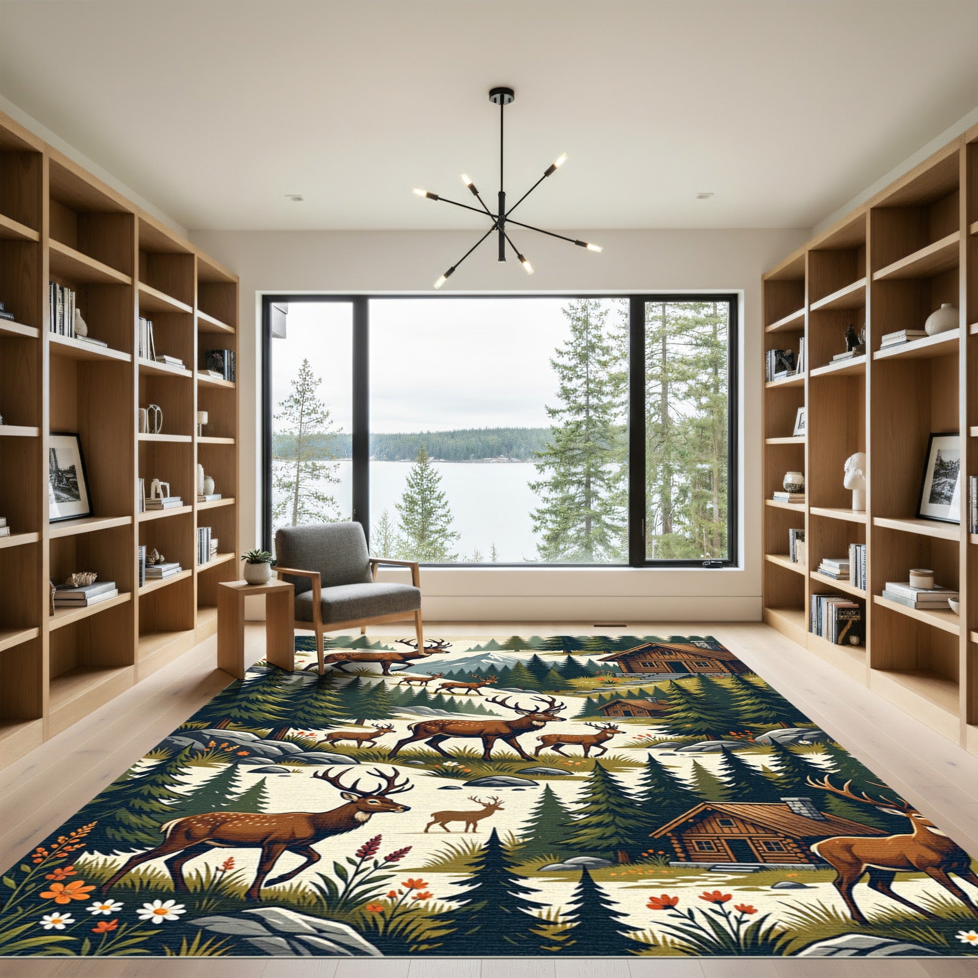 Rustic Woodland Deer Mountain Cabin Landscape Rug
