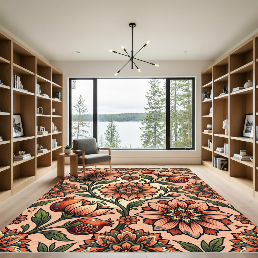 Coral Pomegranate Floral Medallion Rug