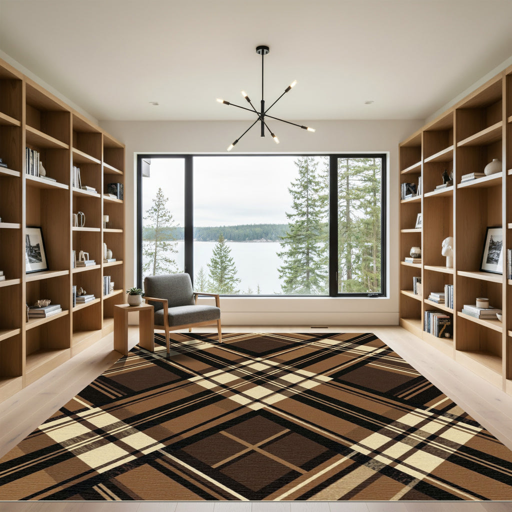 Brown Beige Black Plaid Lines Rug