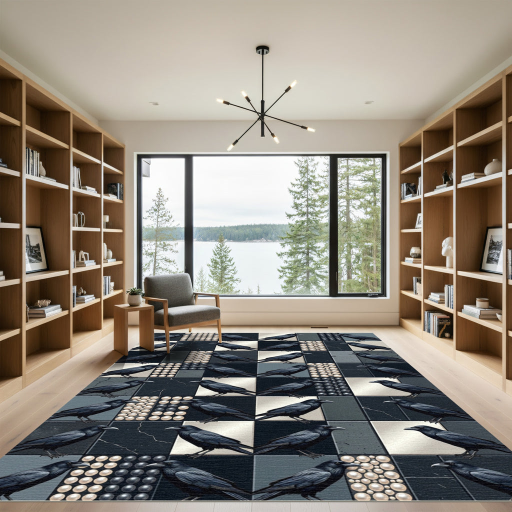 Gothic Raven Monochrome Checkerboard Abstract Rug