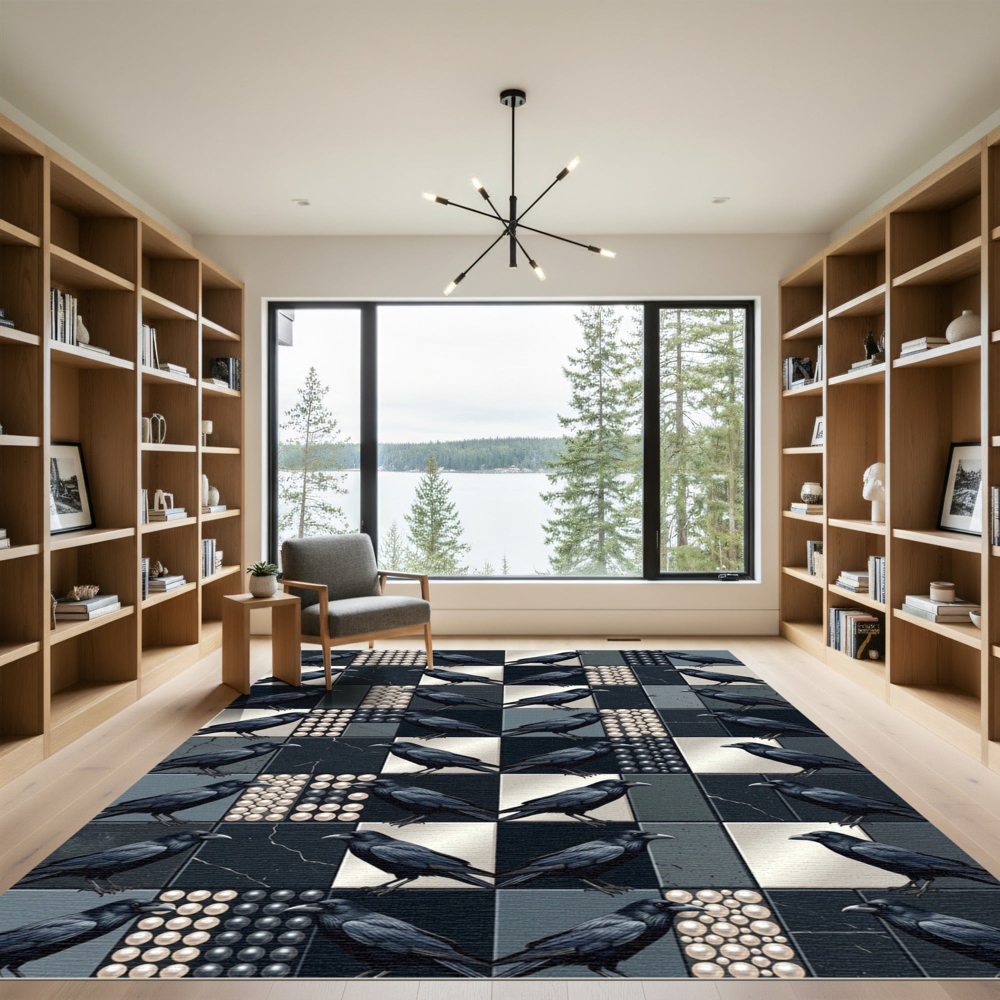 Gothic Raven Monochrome Checkerboard Abstract Rug