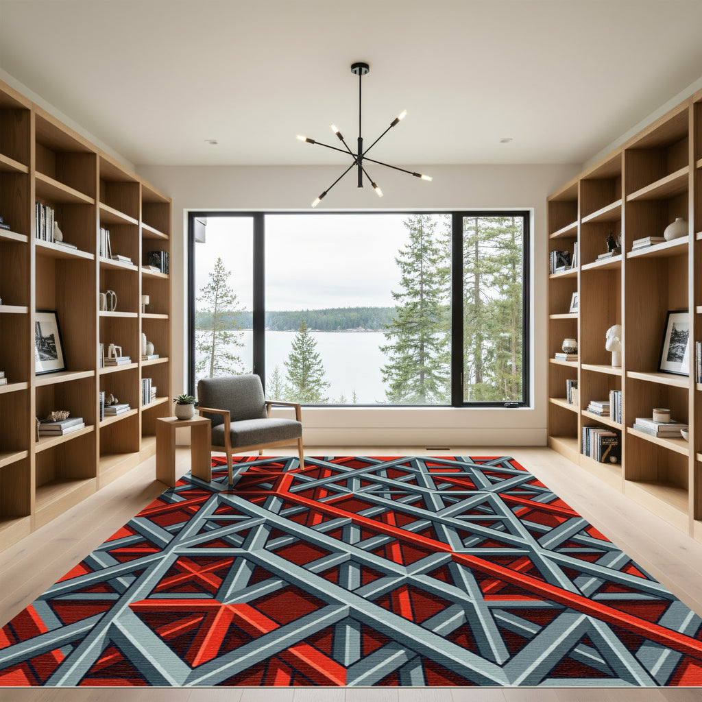 Red Gray Geometric Interlocking Grid Rug
