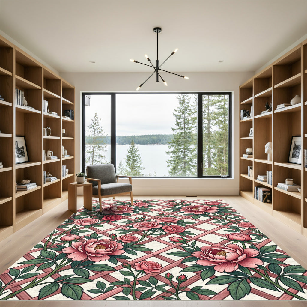Pink Rose Lattice Garden Arrangement Rug