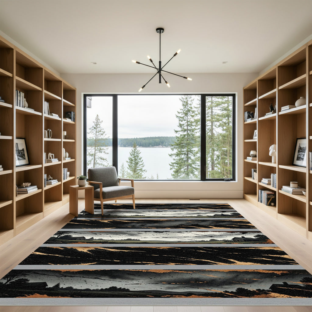Rustic Black Golden Farmhouse Landscape Rug