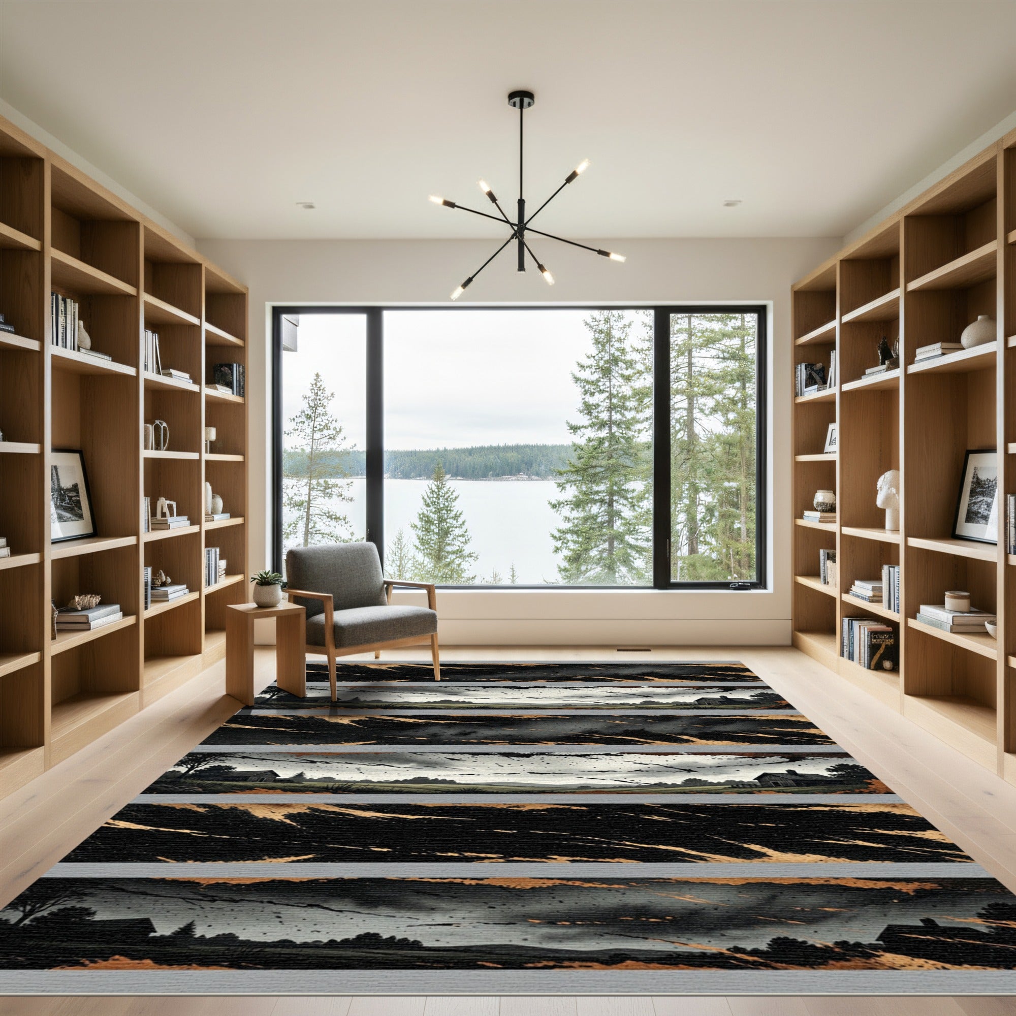 Rustic Black Golden Farmhouse Landscape Rug