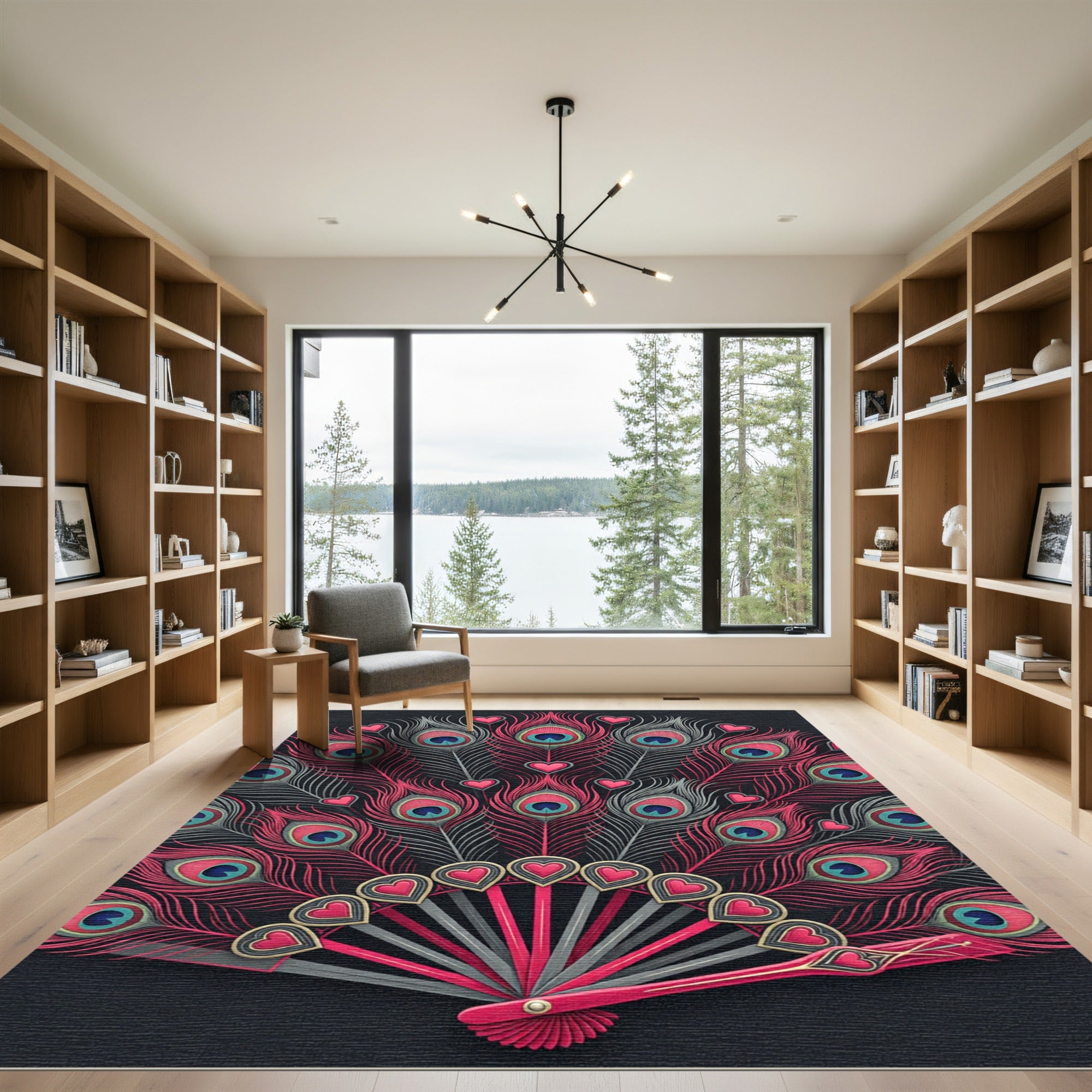 Pink Heart Peacock Feather Fan Rug